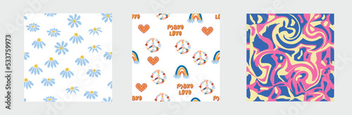 1970s Set of retro seamless pattern. Floral, swirl, mushrooms, peace symbol, camomile, smile.