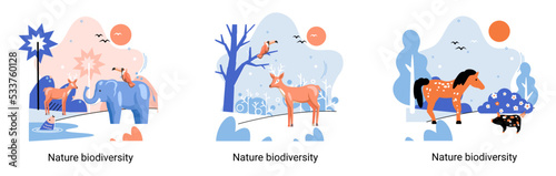 Biodiversity in nature as environment variety of life on Earth planet. Saving wildlife ecosystem metaphor. Protection and care of flora and fauna, eco friendly human activity, many biological species