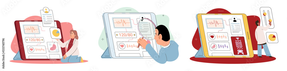 Fototapeta premium Online medical consultation and support metaphor. Online doctor. Healthcare services, Ask doctor. Tele medicine e-health service. Therapist videocalling phone screen. Diagnosis treatment of patients