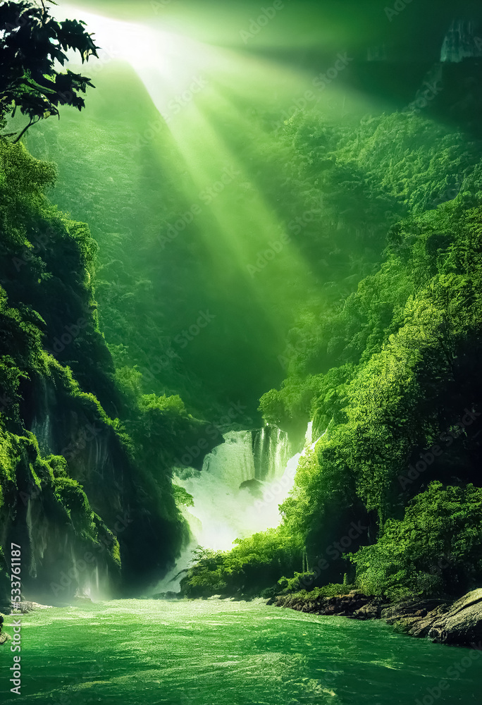 Fototapeta premium Majestic magical fantasy landscape with mountains, river, waterfall, sun rays. 3D illustration.