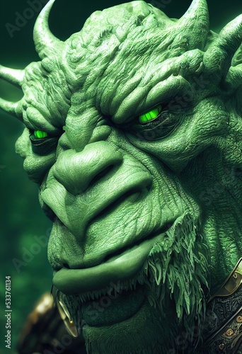 Green Dread Orc Warrior. Medieval fantasy concept. Scary and brave ogre. 3D rendering. photo