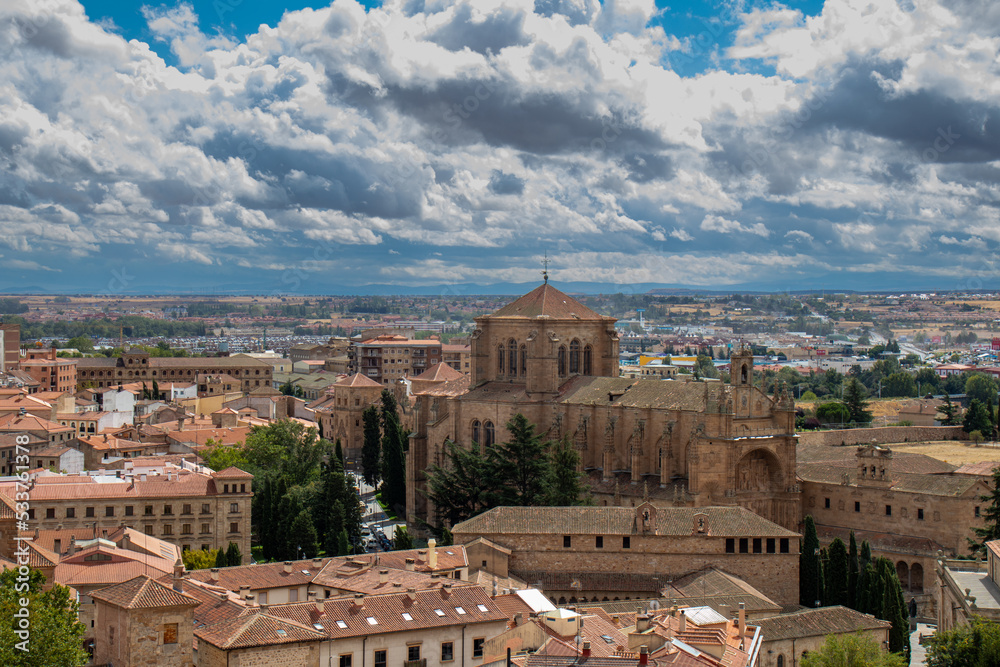 Panoramic view of the city of Salamanca with the beautiful church of San Esteban, from the top of the Clerecía towers.