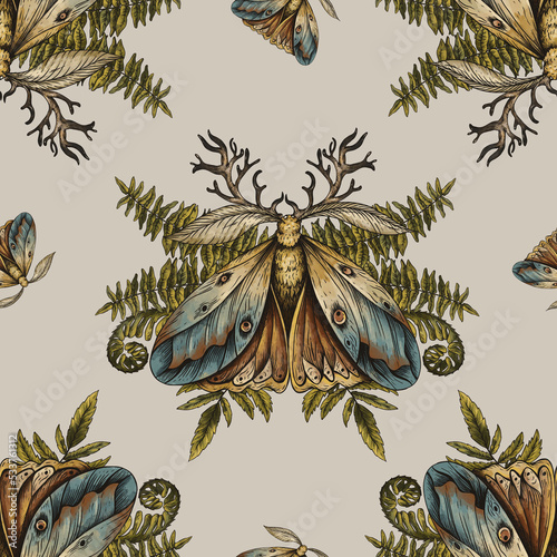 Vintage Moth and Fern Seamless Pattern, Woodland Texture, Enchanted Forest