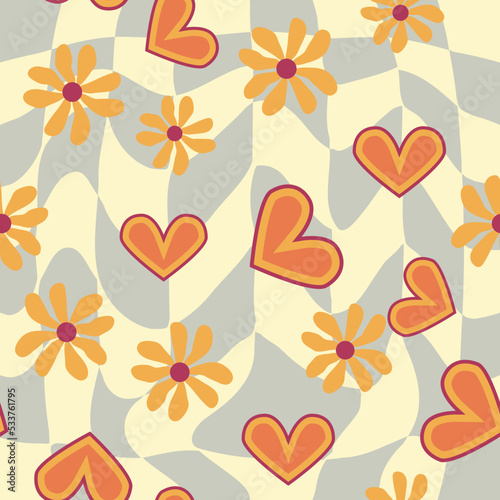 Love heart, daisies, waves of positivity retro 70s seamless pattern. Yellow, orange, red scattered heart shapes on a swirling background