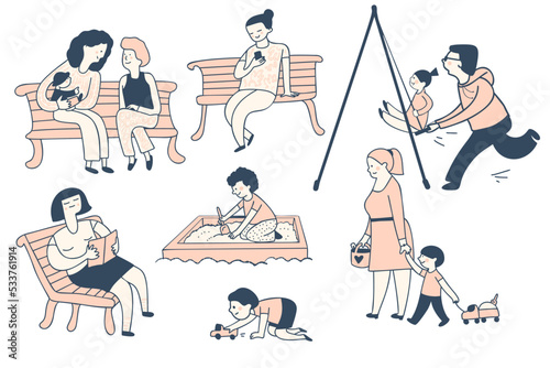 Parents walk with their children on the playground. Vector illustration in cartoon style.