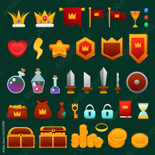 2d game set of objects, money, chest, crown, gold, diamonds