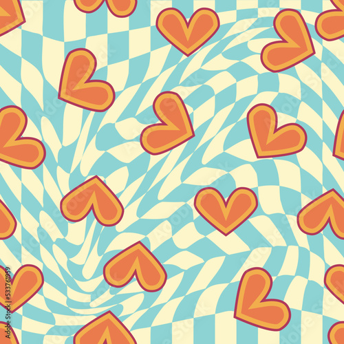Love heart, daisies, waves of positivity retro 70s seamless pattern. Yellow, orange, red scattered heart shapes on a swirling background