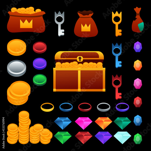 2d game set of objects, money, chest, crown, gold, diamonds