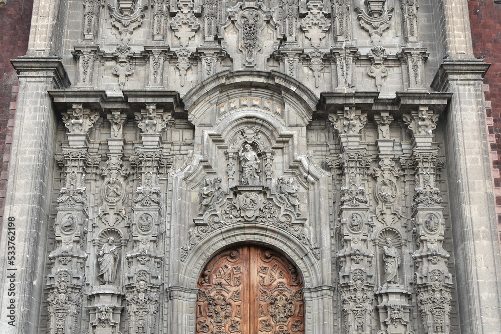 Medium Close-up on Sanctuary Entrance Facade at Mexico City Metropolitan Cathedral