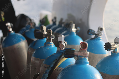 Oxygen cylinders for diving close-up. Equipment for divers. photo