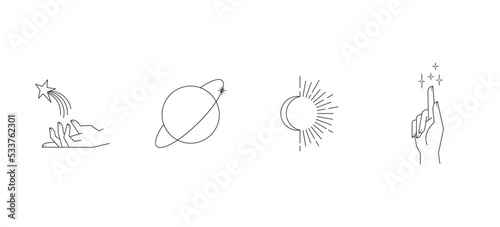 Aesthetic hands and cosmic and celestial elements. Universal cosmos related icons. Linear vector illustrations. Magic and Witchcraft symbology.