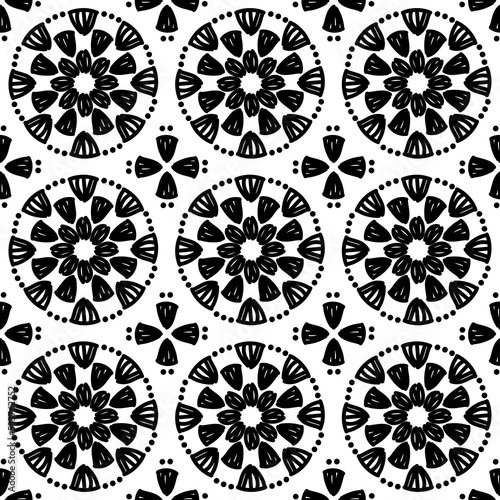 Seamless pattern with black lace crochet. Circular motifs background.