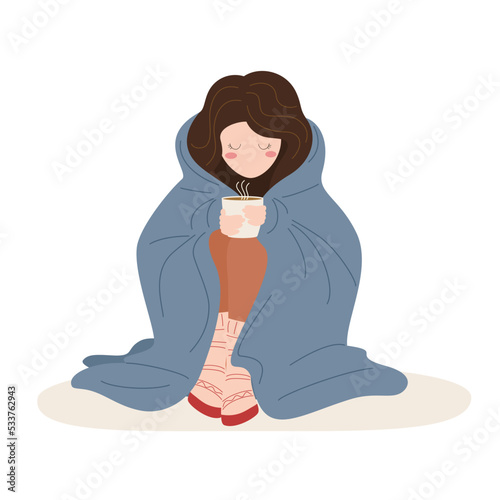 Girl in warm clothes drinks a hot drink and warms herself under a blanket. Cold temperature in the apartment. Saving energy resources. Crisis and economy concept. Vector illustration.
