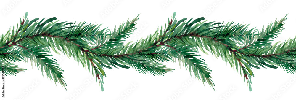 Watercolor background is a Christmas theme. Sprig of pine. Watercolor texture