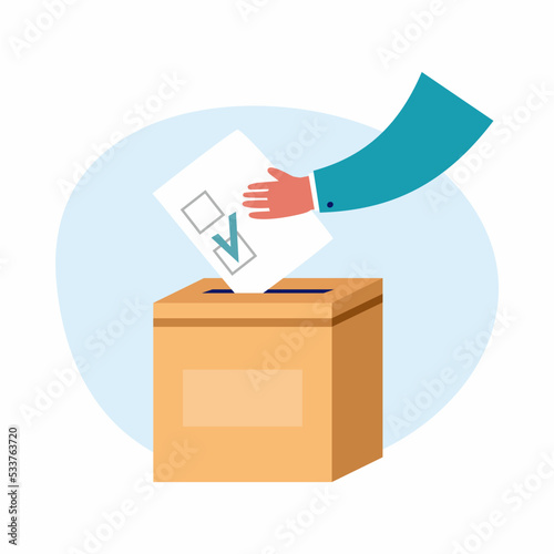 Vector illustration of a hand dropping a ballot into the ballot box. Elections and referendum
