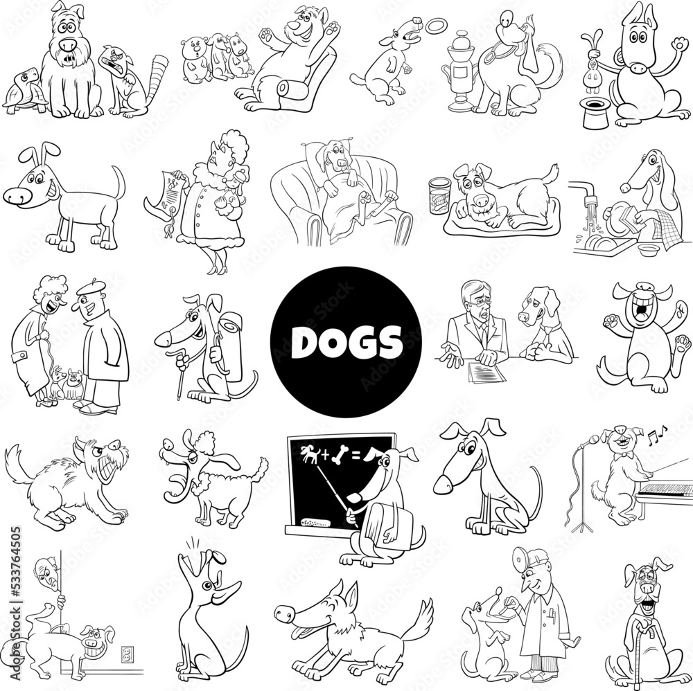 cartoon dogs and puppies characters set coloring page