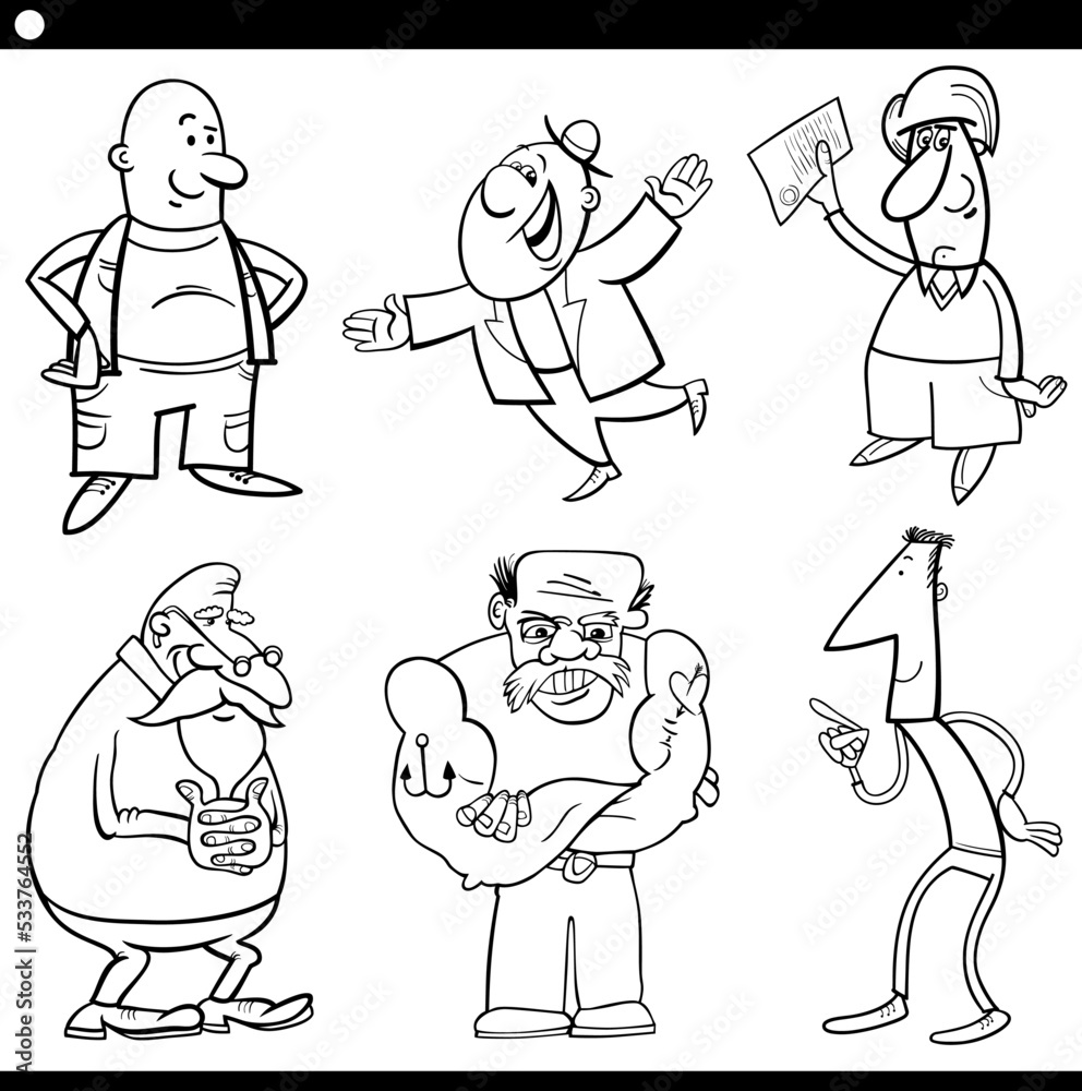 men comic characters set black and white illustration