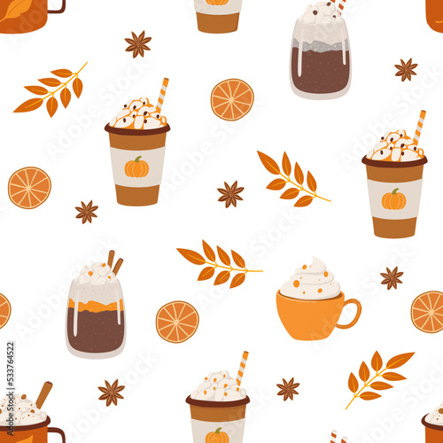 Pumpkin latte, cappuccino, hot chocolate flat seamless pattern. Autumn beverage vector illustration. Coffee shop, Wrapping paper, fabric design