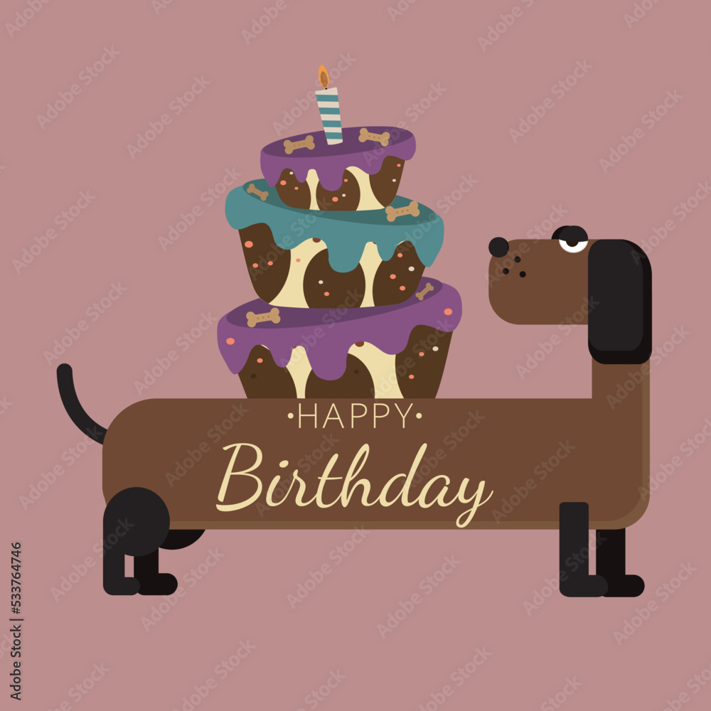 Happy Birthday greeting card with Dachshund Dog and Cake with Candle ...