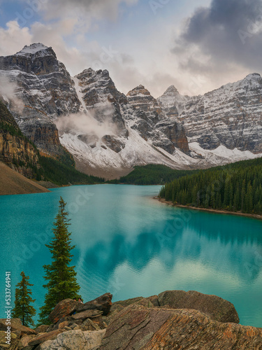 Moraine Lake is a glacially fed lake in Banff National Park, outside the village of Lake Louise, Alberta, Canada.