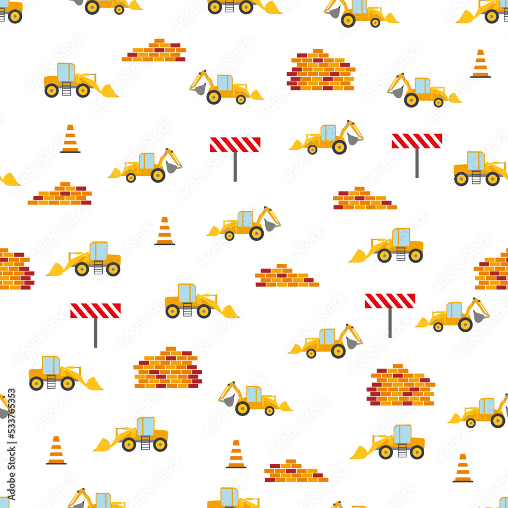 Cute childish seamless pattern with yellow car dump truck, crane, concrete mixer. Construction site illustration in cartoon style Cute childish seamless pattern with yellow car dump truck, crane, concrete mixer. Construction site illustration in cartoon style