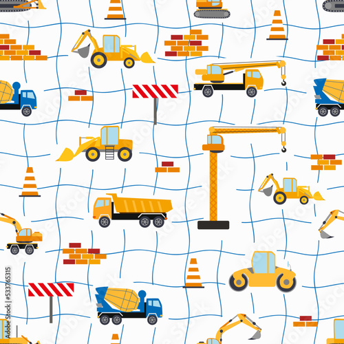 Cute childish seamless pattern with yellow car dump truck, crane, concrete mixer. Construction site illustration in cartoon style