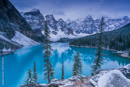 Moraine Lake is a glacially fed lake in Banff National Park, outside the village of Lake Louise, Alberta, Canada. photo