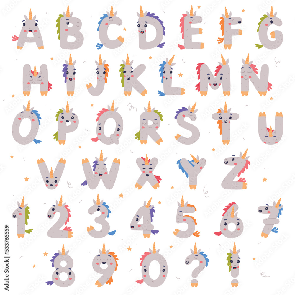 Unicorn Cute Alphabet Letter Characters and Numbers with Smiling Face and Horns Vector Set