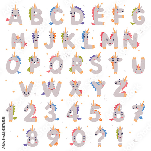Fototapeta Naklejka Na Ścianę i Meble -  Unicorn Cute Alphabet Letter Characters and Numbers with Smiling Face and Horns Vector Set