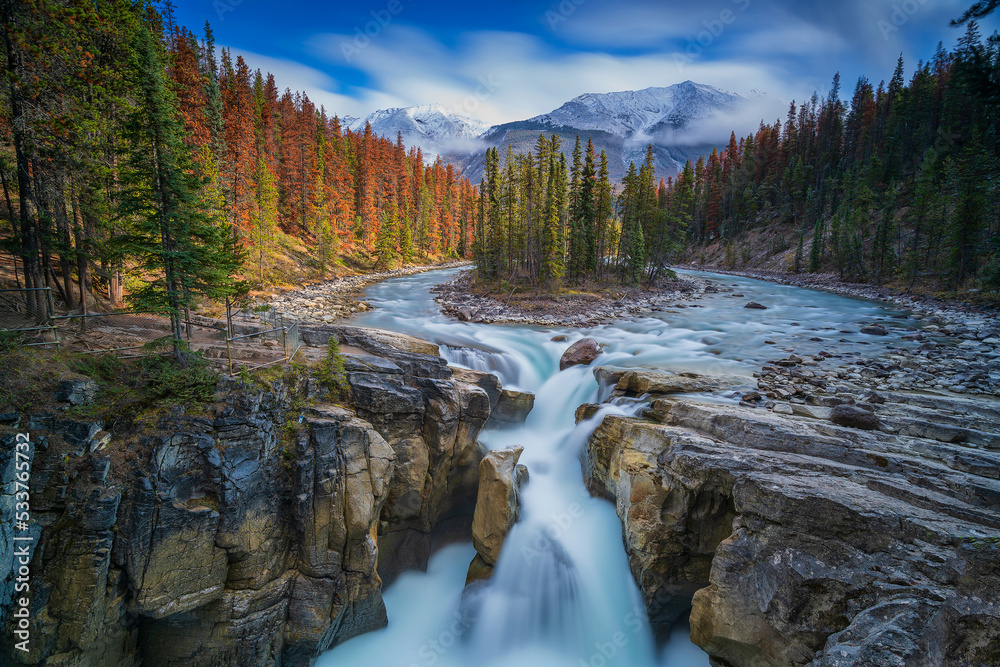 Sunwapta Falls is a pair of waterfalls of the Sunwapta River located in Jasper National Park, Alberta, Canada. 
