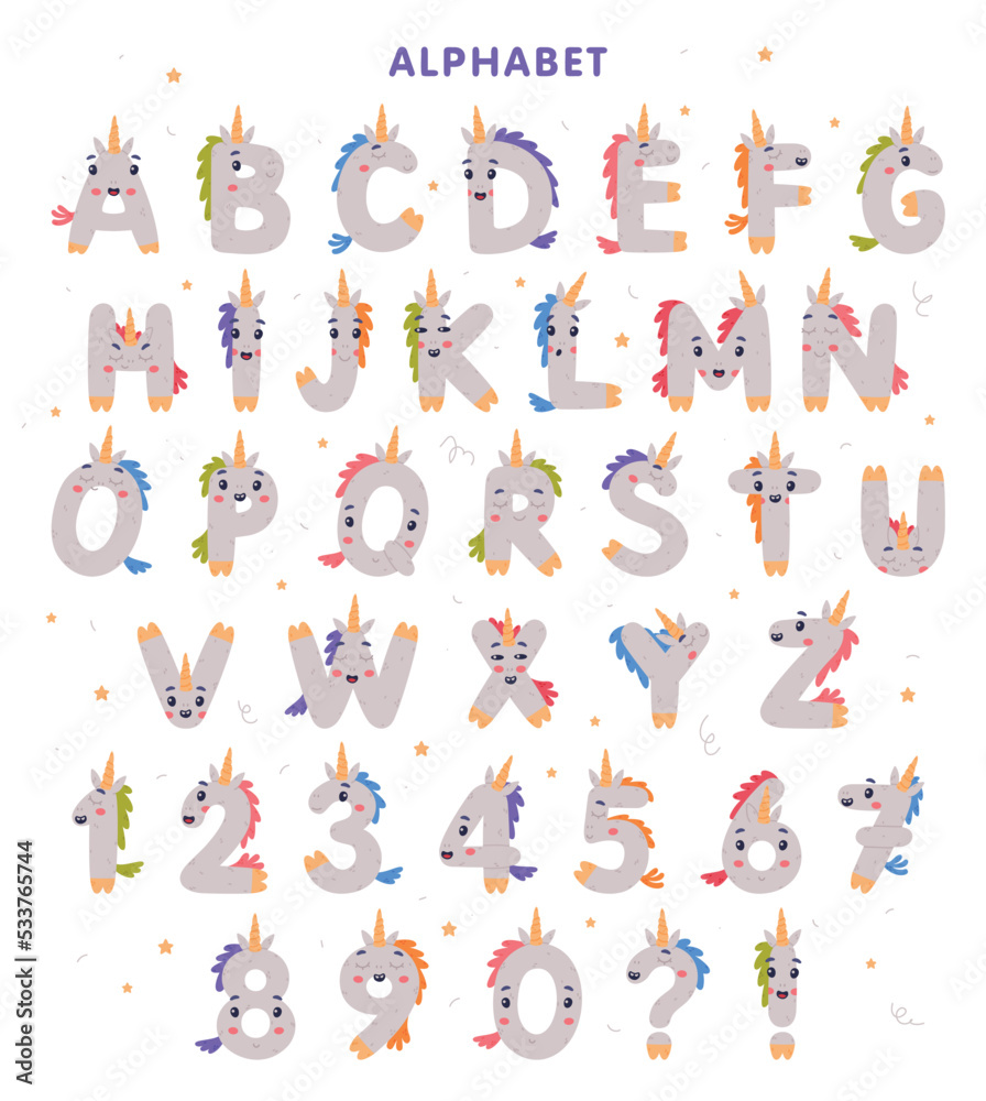 Unicorn Cute Alphabet Letter Characters and Numbers with Smiling Face and Horns Vector Set