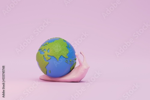 Fototapeta Naklejka Na Ścianę i Meble -  slow changes on the planet. a snail carrying a planet on a pink background. 3D render