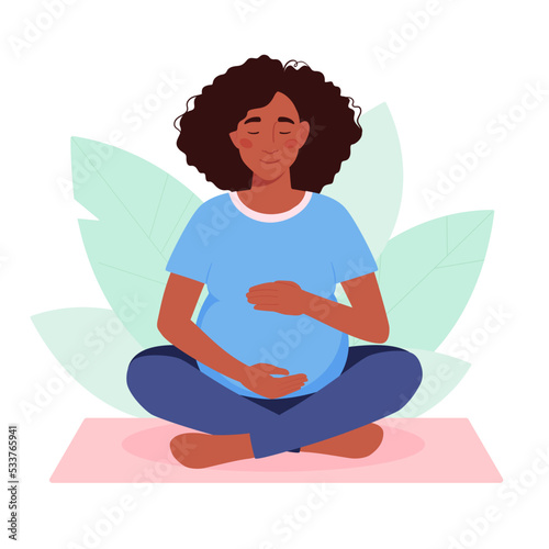 A pregnant African American woman practices yoga. The girl sits in an asana, meditates. active pregnancy. Siddhasana, virasana. Vector illustration in flat style, isolated background with foliage
