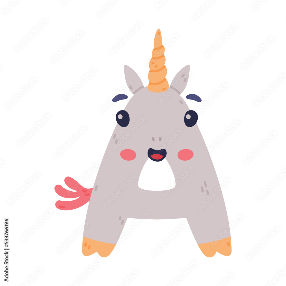 Unicorn Cute Alphabet Letter A with Smiling Face and Twisted Horn Vector Illustration Unicorn Cute Alphabet Letter A with Smiling Face and Twisted Horn Vector Illustration