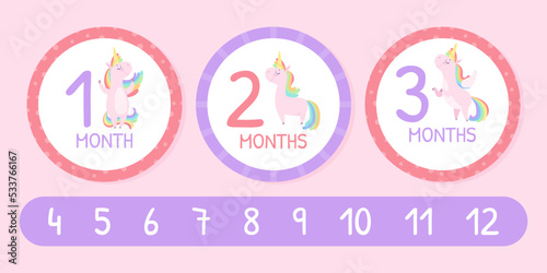 Cute Unicorn Baby Month Card with Pretty Pony with Rainbow Mane Vector Template