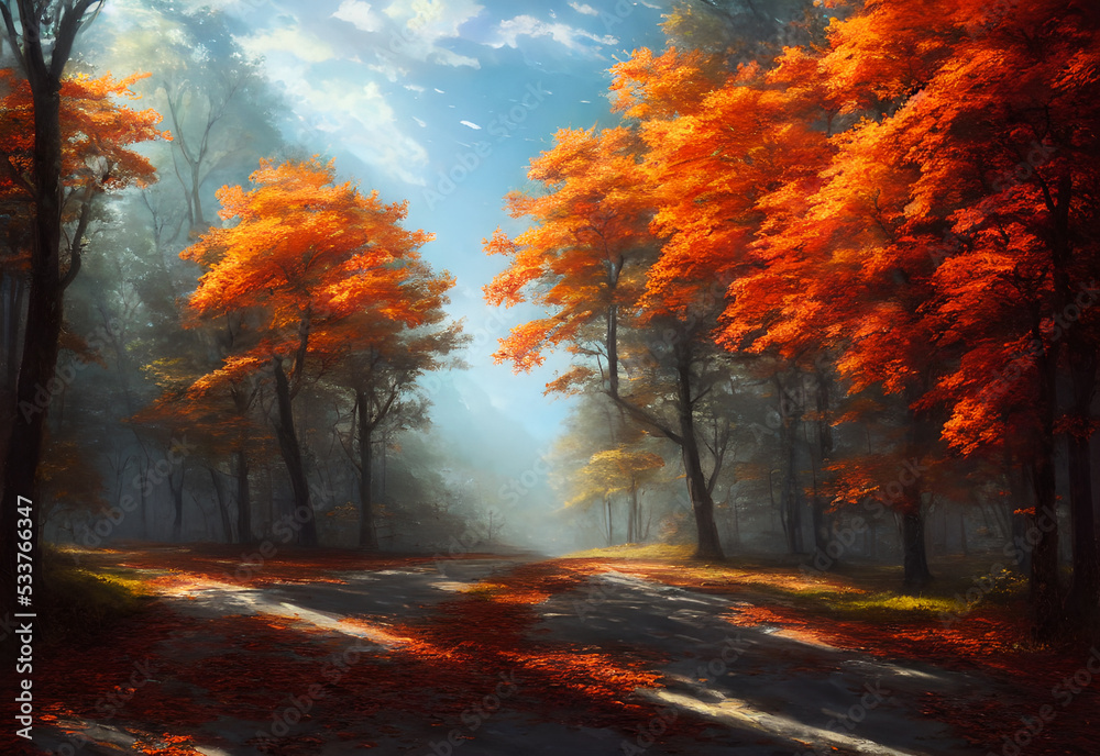 The trees along the road are turning red and orange, and the leaves are falling gently to the ground. The air is cool and crisp, and the sky is a deep blue. There are tourists walking along the road, 