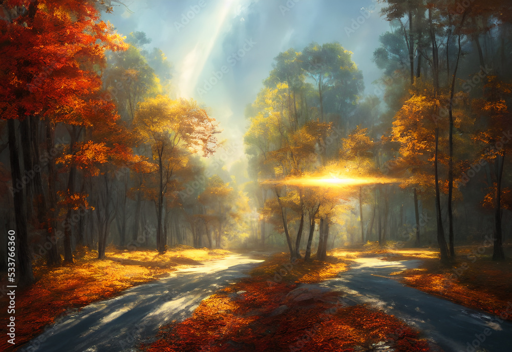 The autumn scenic tourist road is absolutely stunning. The leaves are falling gently to the ground, creating a vibrant red and orange blanket over the entire path. The trees provide natural shade and 