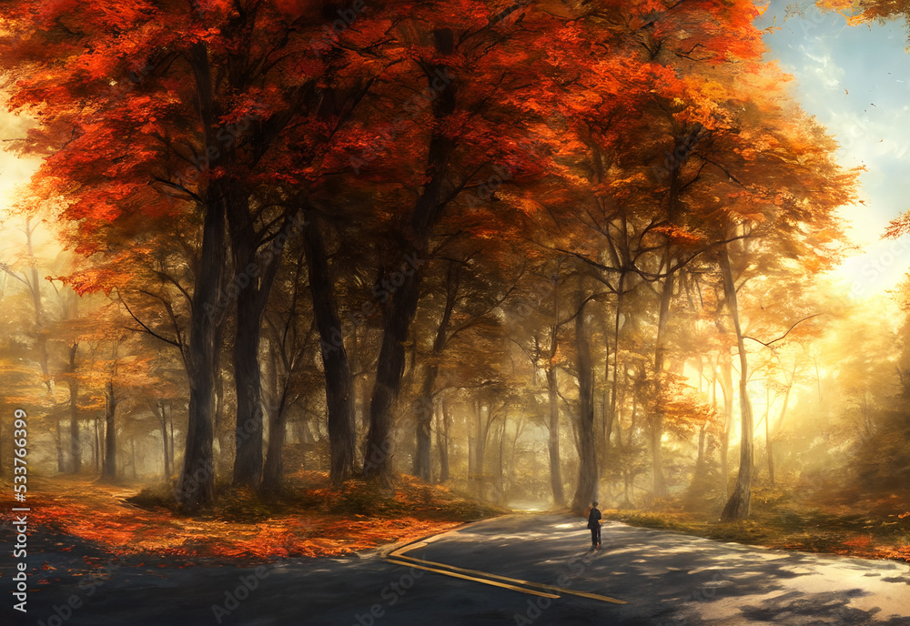 The autumn scenic tourist road is a winding path through forests of red and orange leaves. The air is crisp and cool, and the sun shines down through the branches of the trees.