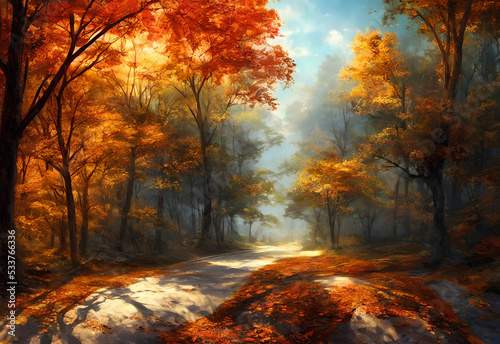 The autumn leaves are falling gently to the ground, creating a picturesque scene. The road is winding and leads into the distance, inviting visitors to explore what lies ahead.