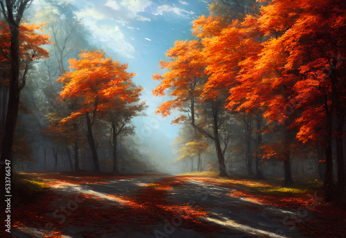The trees along the road are turning red and orange  and the leaves are falling gently to the ground. The air is cool and crisp  and the sky is a deep blue. There are tourists walking along the road  