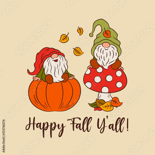 Cute gnomes fall card template. Funny scandinavian gnome characters children illustration. Happy fall y`all text. For textile placement print, cut file, home decor, embroidery, sublimation, poster.
