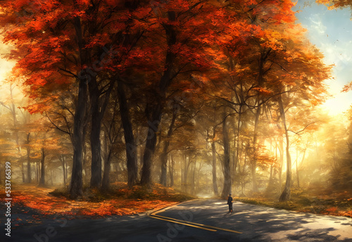 The autumn scenic tourist road is a winding path through forests of red and orange leaves. The air is crisp and cool, and the sun shines down through the branches of the trees. © dreamyart