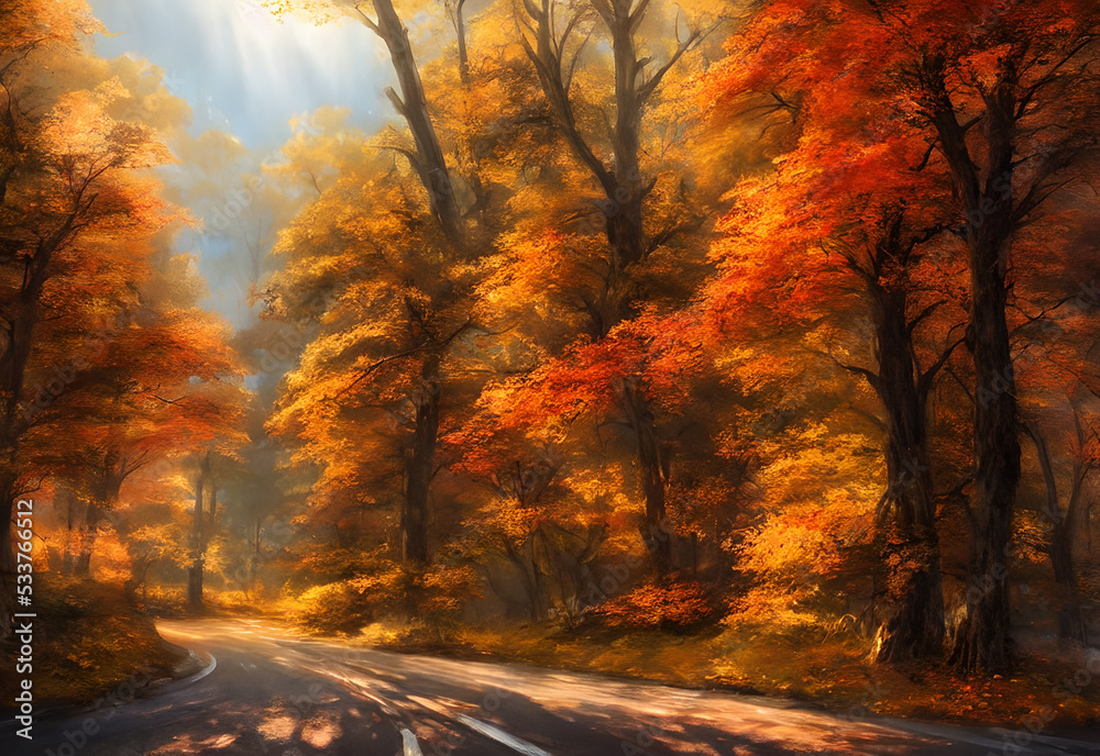 There is a scenic road through the autumn forest. The leaves are falling and there is a light breeze blowing. Tourists are driving down the road, admiring the scenery. There is a scenic road through the autumn forest. The leaves are falling and there is a light breeze blowing. Tourists are driving down the road, admiring the scenery.