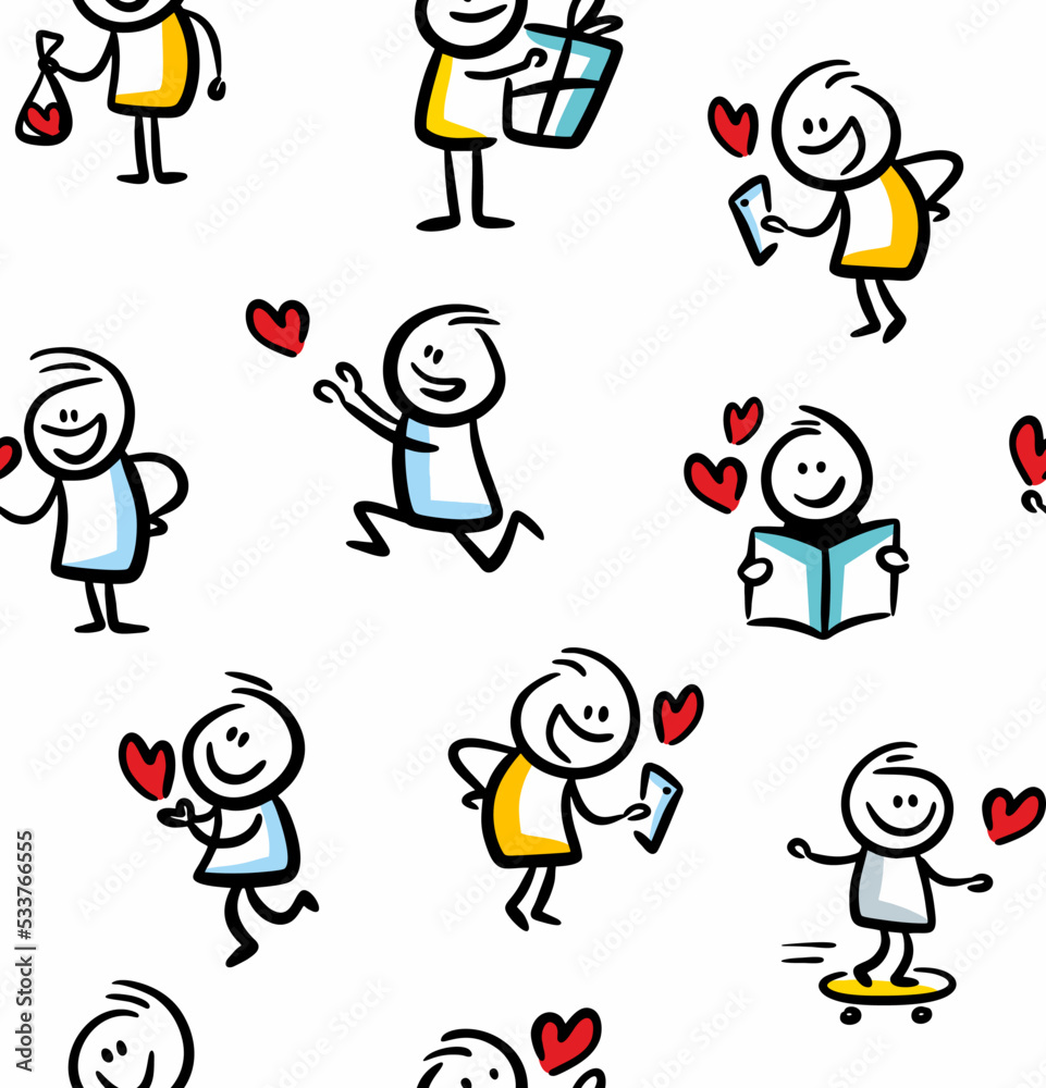 Seamless pattern with cute doodle people in love with hearts. Seamless pattern with cute doodle people in love with hearts.