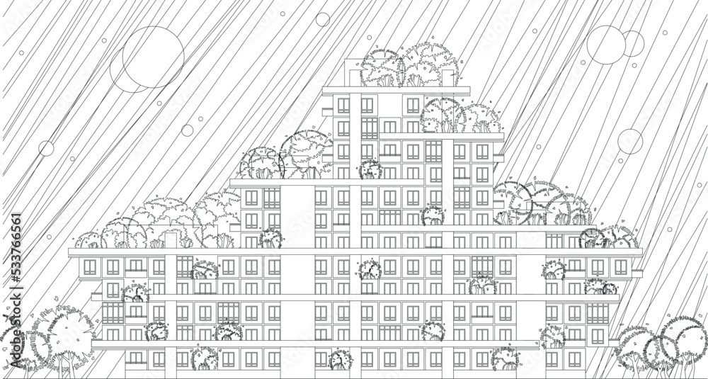 Vector black and white cityscape illustration