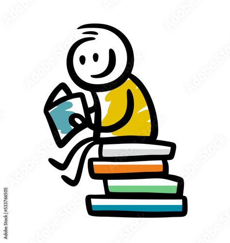 Funny cartoon man sitting on the books and reading.