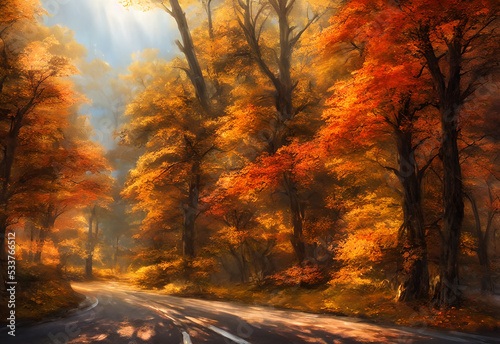 There is a scenic road through the autumn forest. The leaves are falling and there is a light breeze blowing. Tourists are driving down the road, admiring the scenery.