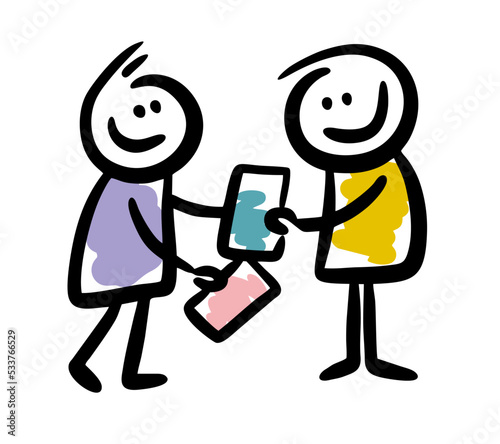 Two people changing books doodle illustration. Vector art.