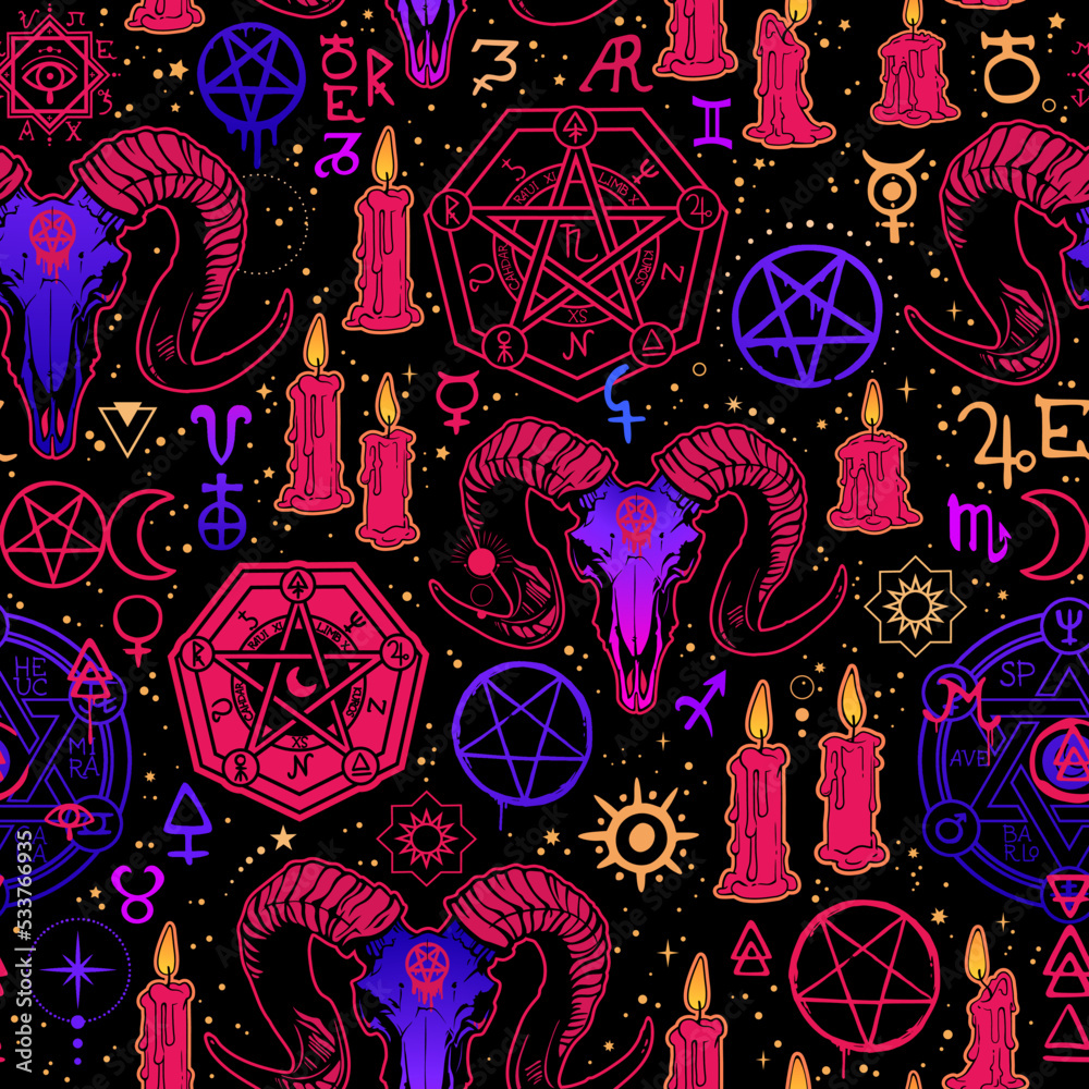 esoteric occult seamless pattern of magical symbols and animals
