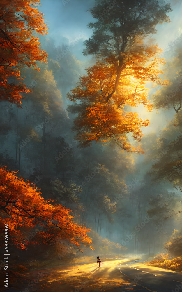 The forest is a beautiful place to spend time in Autumn. The leaves are falling and there is a scenic view of the trees, mountains, and sky.